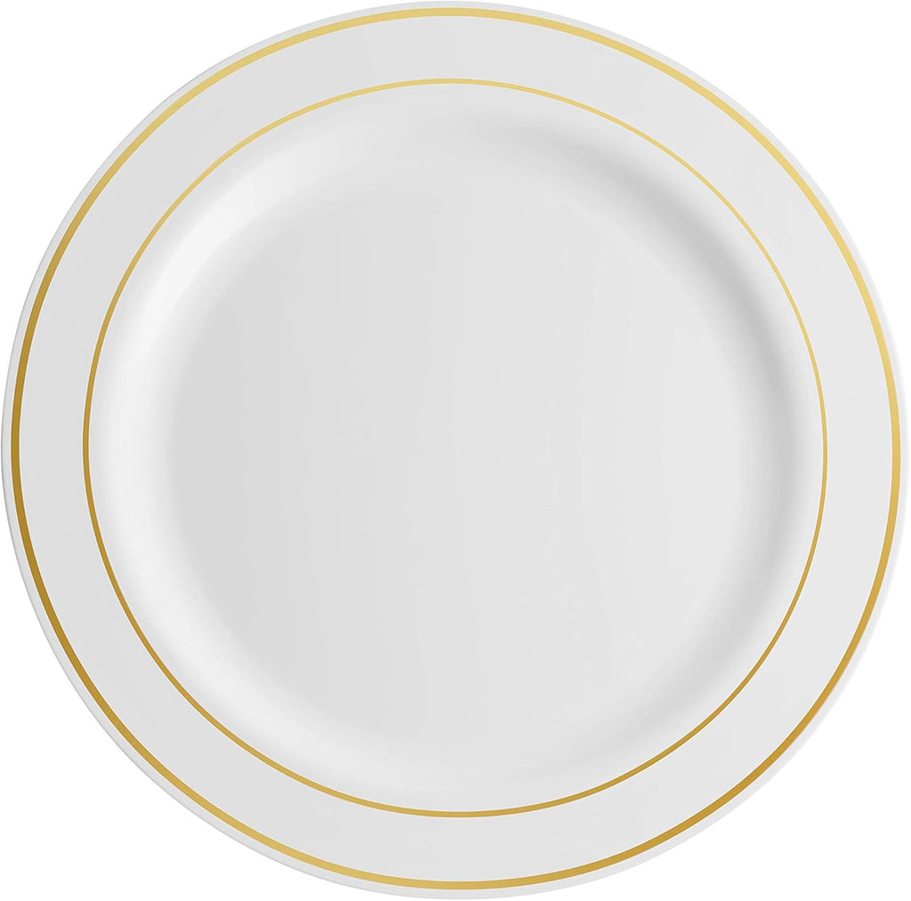 Munfix 100 Piece Plastic Party Plates White Gold Rim, 10.25 Inch Dinner and 7.5 Inch Dessert Plates G138110