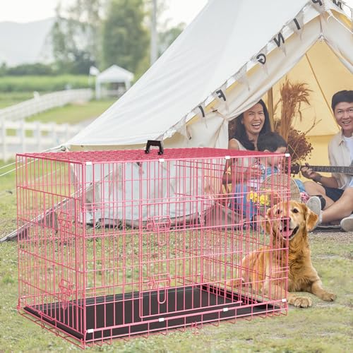 Large Dog Crate 42 Inches Double Door Folding Metal Wire Pet Kennel with Divider Panel F6603