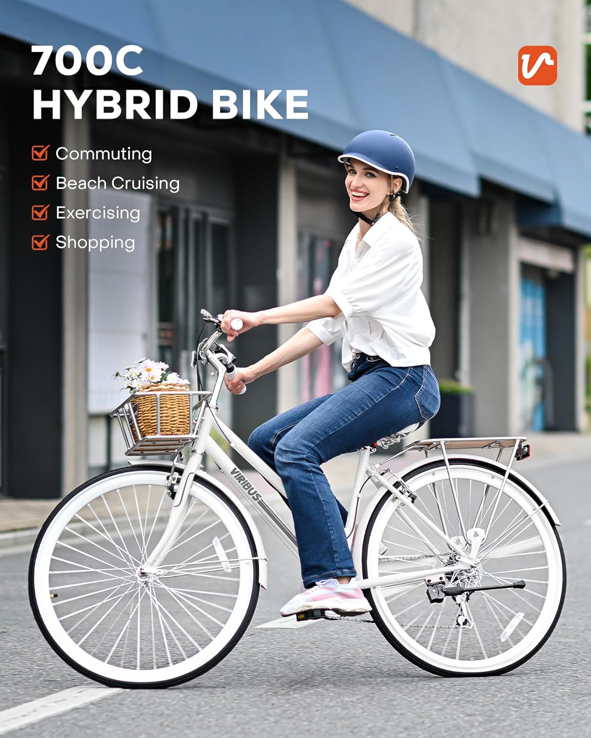 Viribus Hybrid Bike 700C Women's 7 Speed Step Through Bicycle with Basket & Rack E266