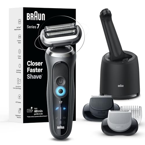 Braun Electric Razor for Men, Waterproof Foil Shaver, Series 7 7075cc, Wet & Dry Shave, With Beard Trimmer, Rechargeable, Clean & Charge SmartCare Center and Travel Case Included, Black"