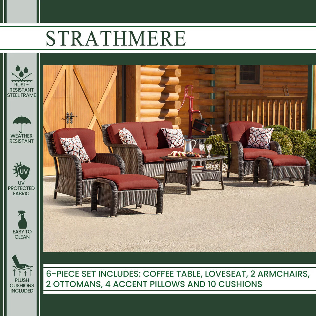 Hanover Strathmere 6-Piece Wicker Outdoor Conversation Set, Crimson Red P6254