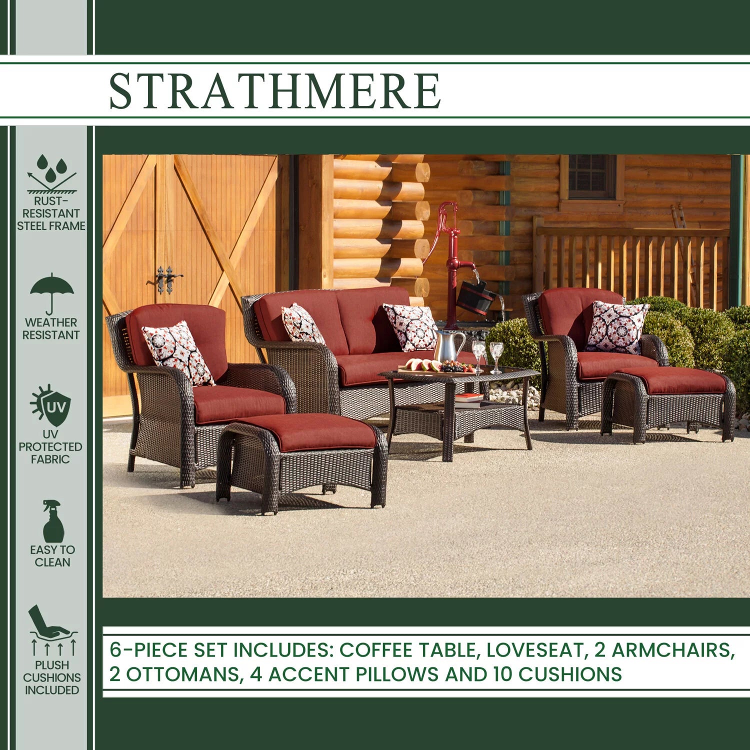 Hanover Strathmere 6-Piece Wicker Outdoor Conversation Set, Crimson Red P6254