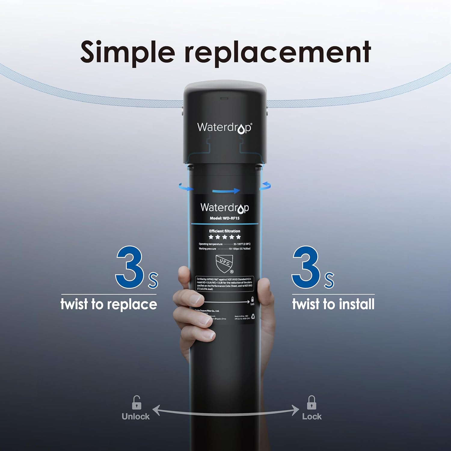 Waterdrop 15UA Under Sink Water Filter System with RF15 Replacement Cartridge V64936