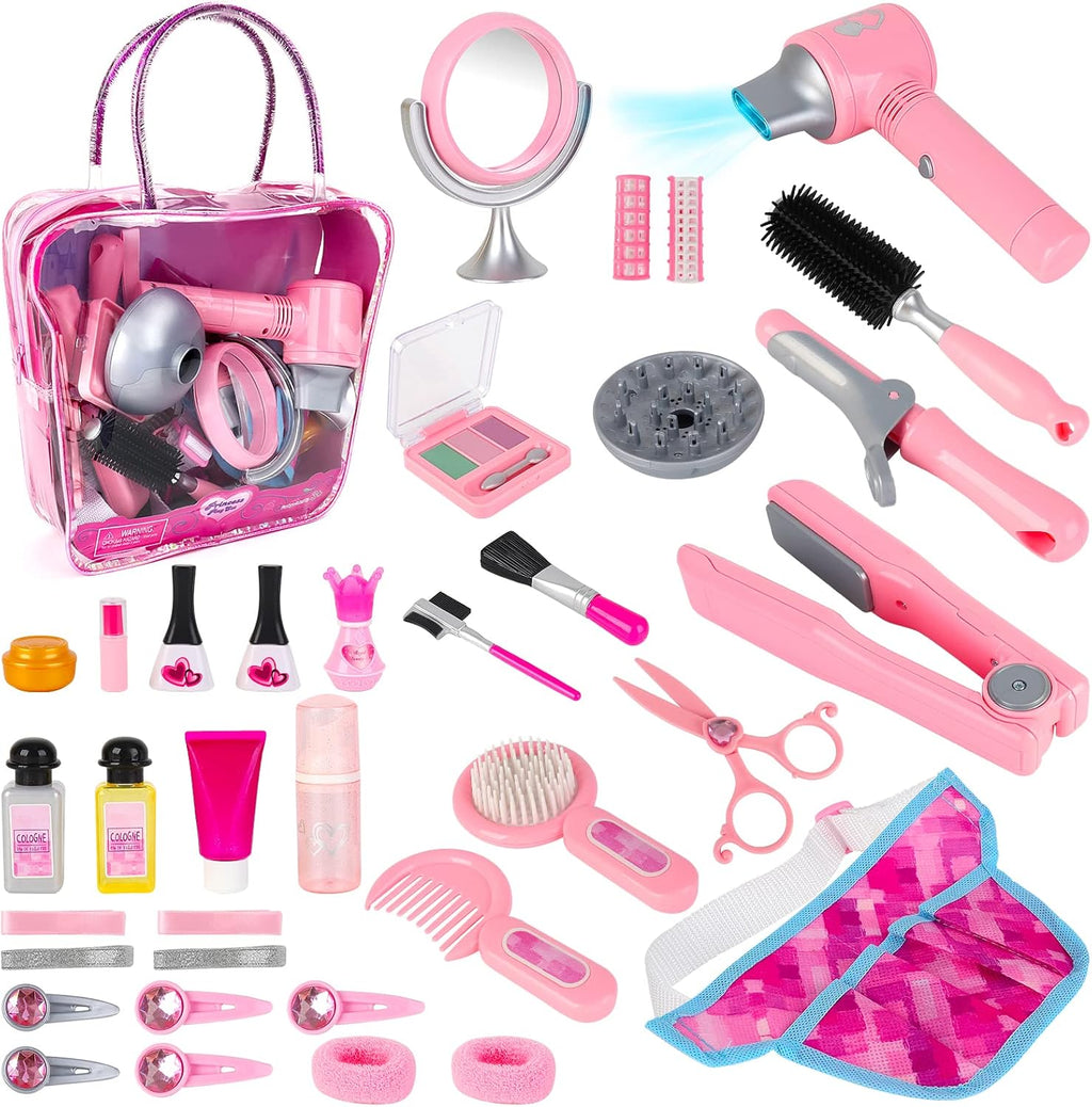 deAO Girls Beauty Salon Set 35pcs Kids Pretend Play Makeup Sets with Hairdryer, Mirror, Curling Iron and Other Accessories Kids Toddler Fashion Cutting Makeup Party Favor (Fake Makeup)