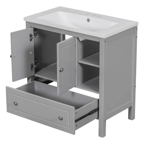 30" Bathroom Vanity with Ceramic Sink, Solid Wood Frame, Grey S256957