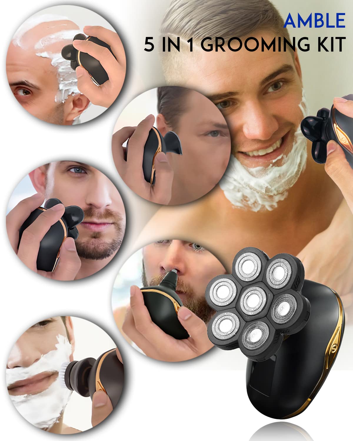 Amble 5-in-1 Electric Shaver for Bald Men Head, Waterproof Rotary Razor Kit P351853
