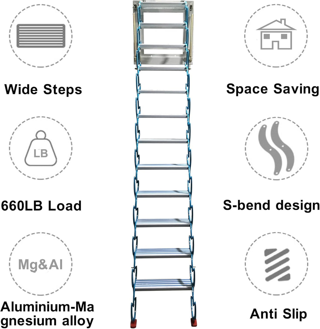 TECHTONGDA Folding Attic Loft Ladder 12 Steps Wall Mounted Al-Mg Alloy 9.8ft Blue with Armrests D608
