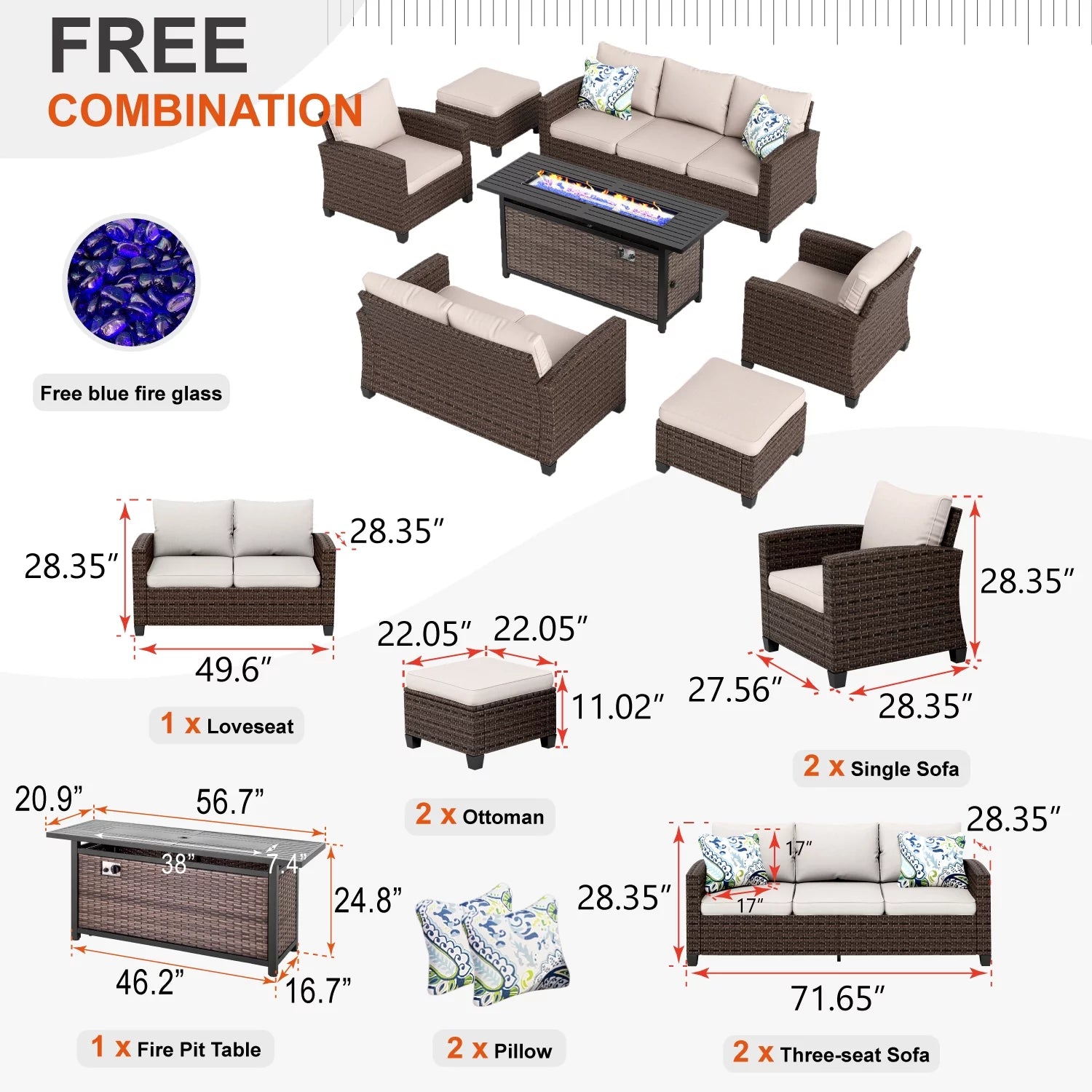 MF Studio 9-Seat Outdoor Patio Furniture Set with Fire Pit Table R340594