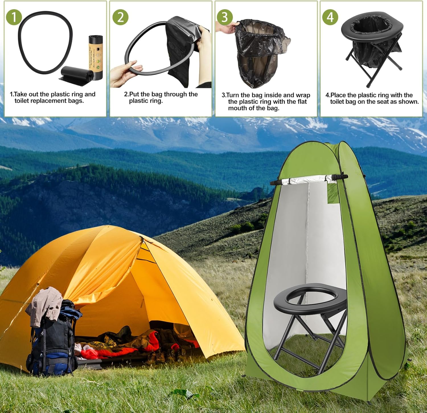 Portable Toilet Kit for Adults with Pop up Privacy Tent, 300LBS Washable K139