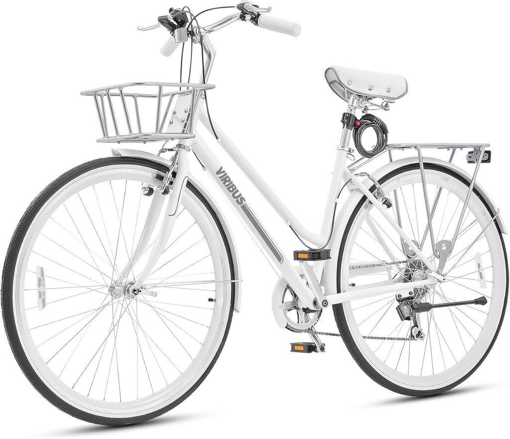 Viribus Hybrid Bike, 700C Road Bike for Women, Lightweight 7 Speed Womens Bike with Basket & Rack, Step Through Hybrid Bicycle, 28 inch Adult Bike for Commuting, Bikes for Women Ladies