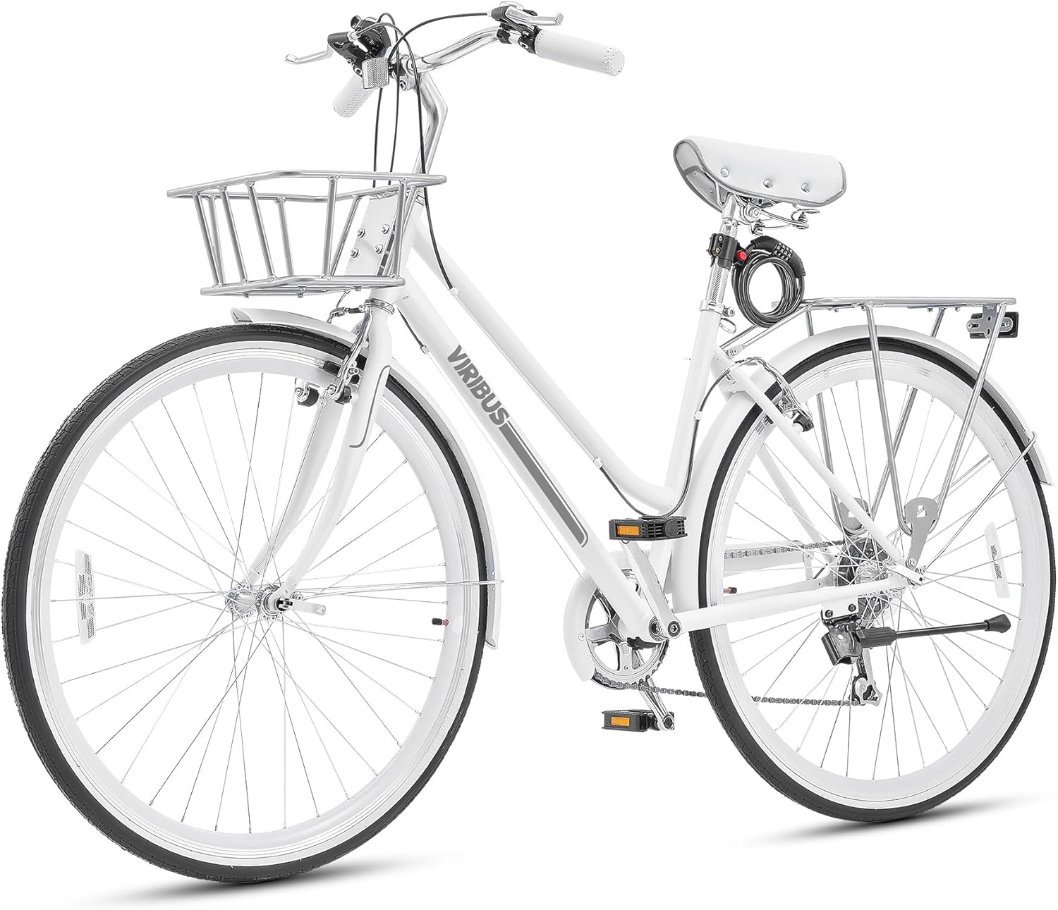 Viribus Hybrid Bike, 700C Road Bike for Women, Lightweight 7 Speed Womens Bike with Basket & Rack, Step Through Hybrid Bicycle, 28 inch Adult Bike for Commuting, Bikes for Women Ladies