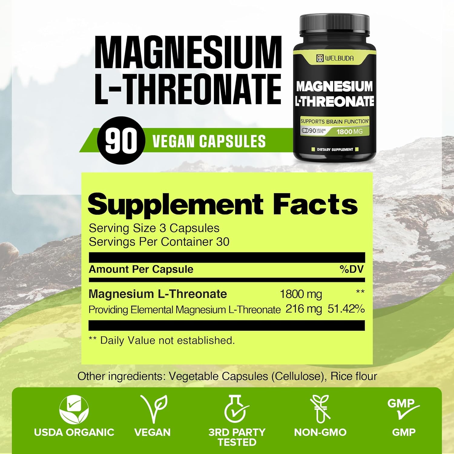 Magnesium L-Threonate Capsules 1800mg, 90 Count P5772