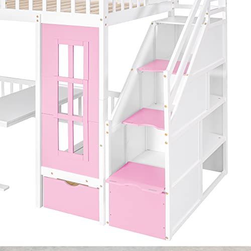 Twin Castle Style Bunk Bed with Slide, Twin-Over-Twin, Solid Wood, Pink M891224