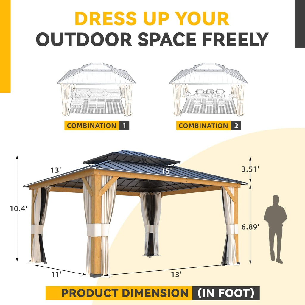 EROMMY 13'x15' Wood Gazebo with Netting and Curtains J203