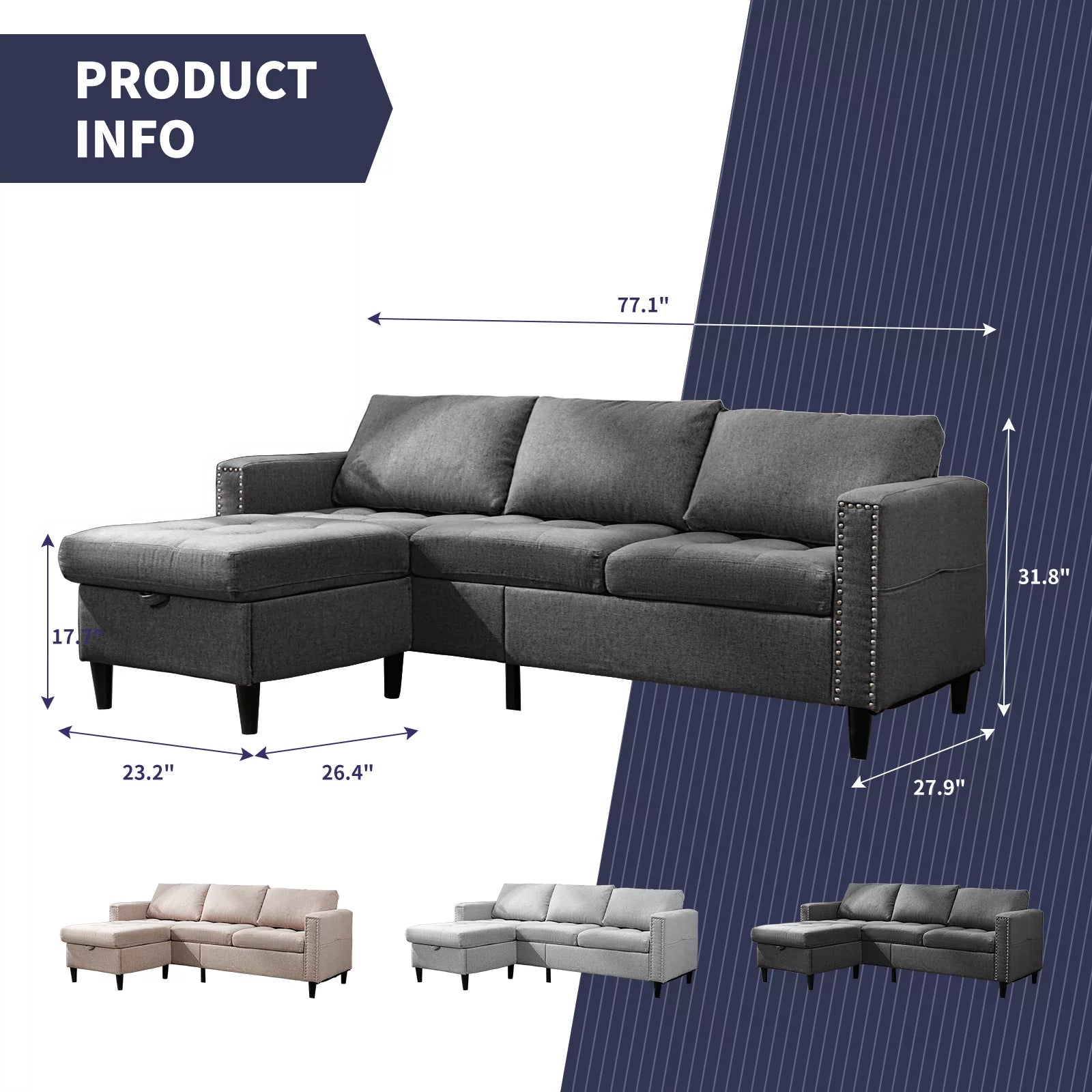 ZAFLY Reversible Sectional Couch, 3-Seat L-Shaped Modular Sleeper Sofa Bed with Storage Ottoman, Dark Grey D36329