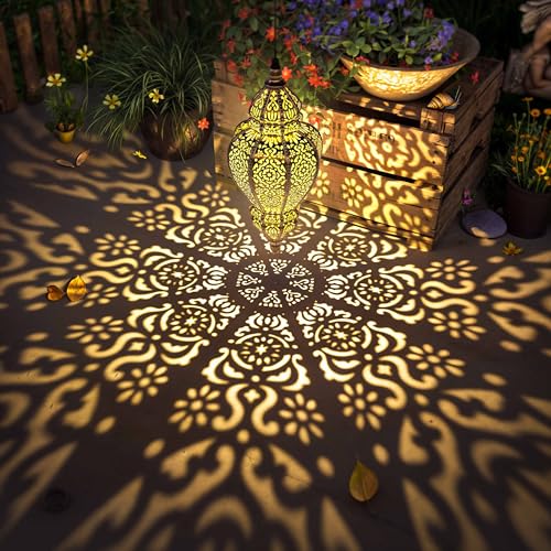 Moroccan Hanging Solar Lights Outdoor Lantern Waterproof Plastic Gold Garden Decor I141