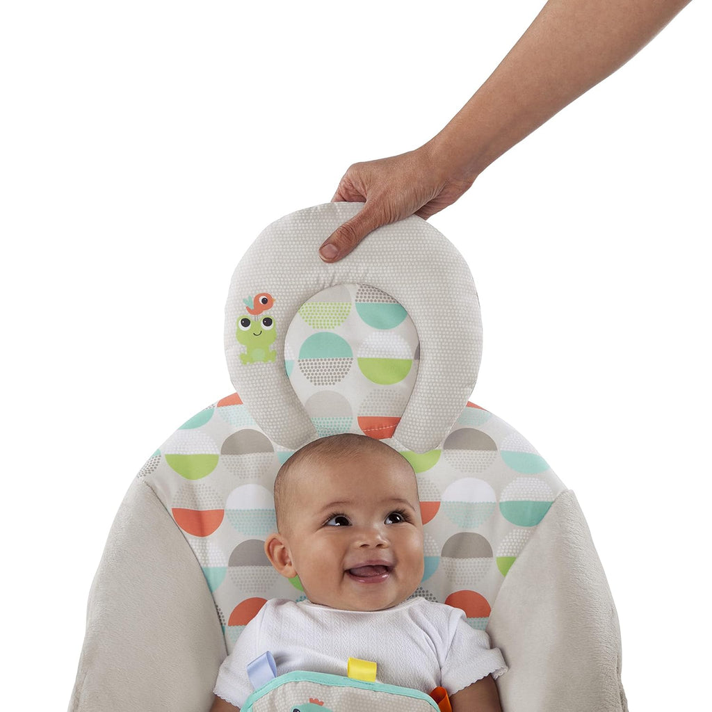Bright Starts Baby Bouncer Soothing Vibrations Infant Seat with Taggies, Music & Toy Bar A498013