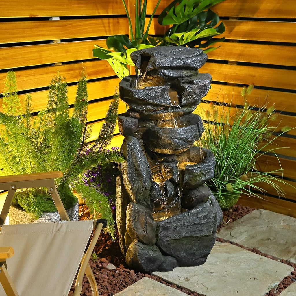 Grey 5-Tiered Rock Water Fountain Outdoor Garden with Light H5932