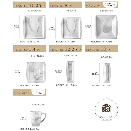 MALACASA 30-Piece Porcelain Dinnerware Set for 6, Ivory White Square Plates and Bowls M7488