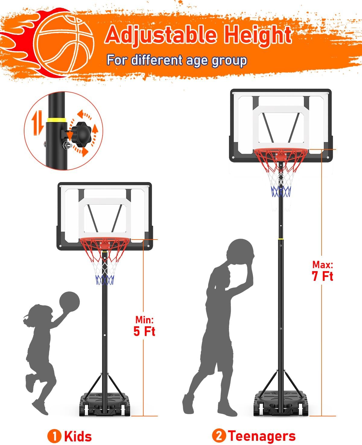 Portable Basketball Hoop 5-7FT Adjustable with 33 Inch Shatterproof Backboard Z449142