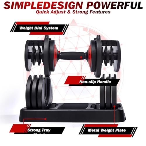 Adjustable Dumbbell Set with Tray, 25/55 Lbs Pair, Black Grip Handle H25626