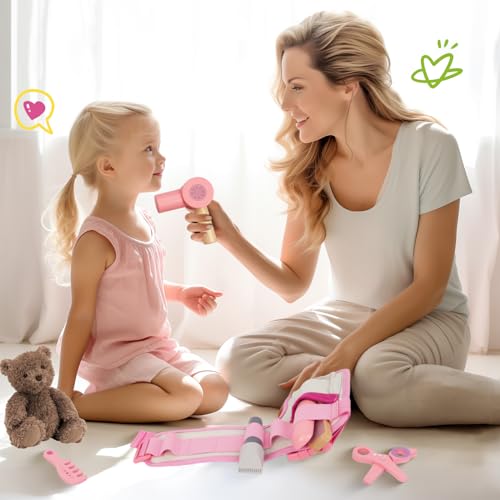 Wooden Hair Salon Toys for Girls Pretend Play Set with Blow Dryer and Styling Accessories Q445