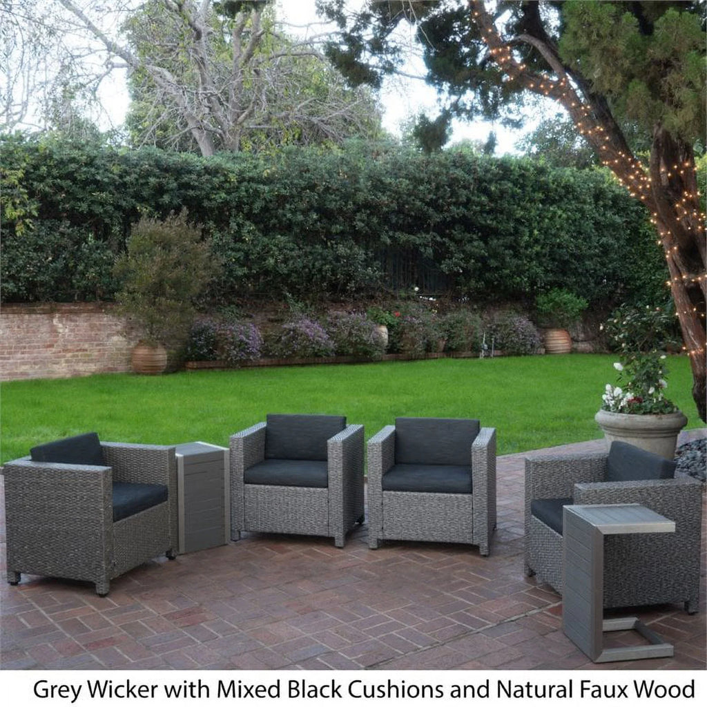 Noble House Puerta 6 Piece Outdoor Wicker Chair and Wood Table Set T52769