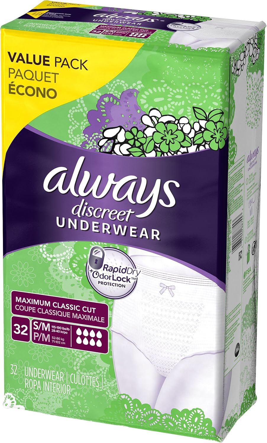 Always Discreet Incontinence Underwear, Maximum Absorbency, Small/Medium, 32 Count V69066