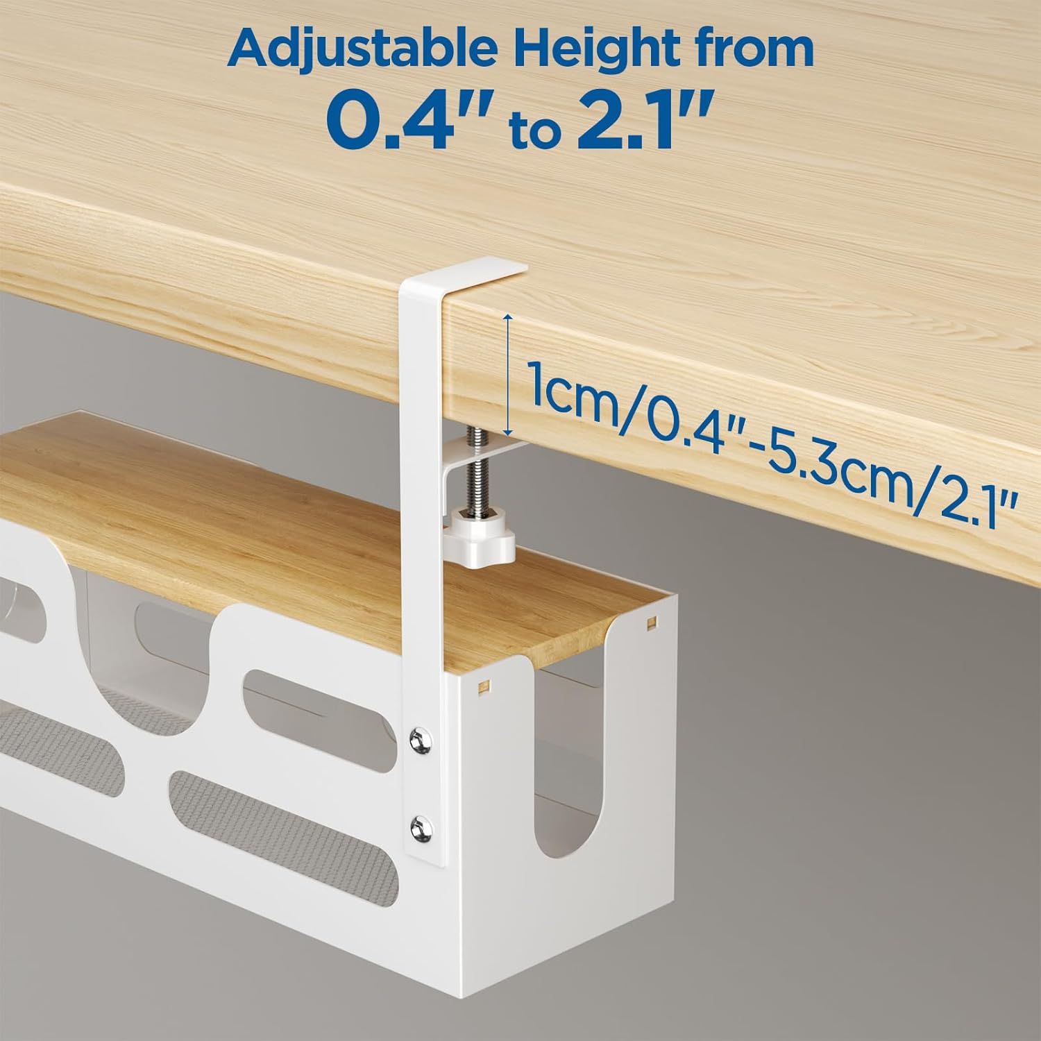 Under Desk Cable Management Box with Lid, White, Adjustable Clamps A14647
