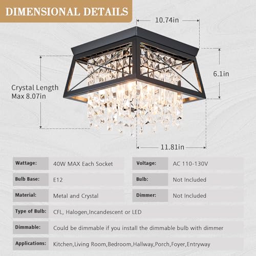 Crystal Flush Mount Ceiling Light, 11.8 inch 4-Light Black Farmhouse O868