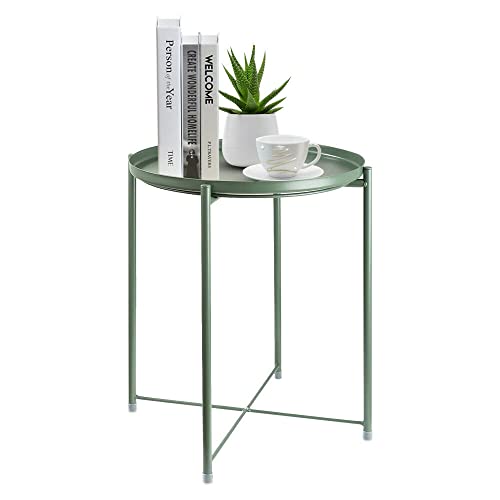 Side Table Round Metal Tray Table, Small Sofa End Coffee Table Indoor&Outdoor Removable for Living Room Bedroom Balcony Office Green