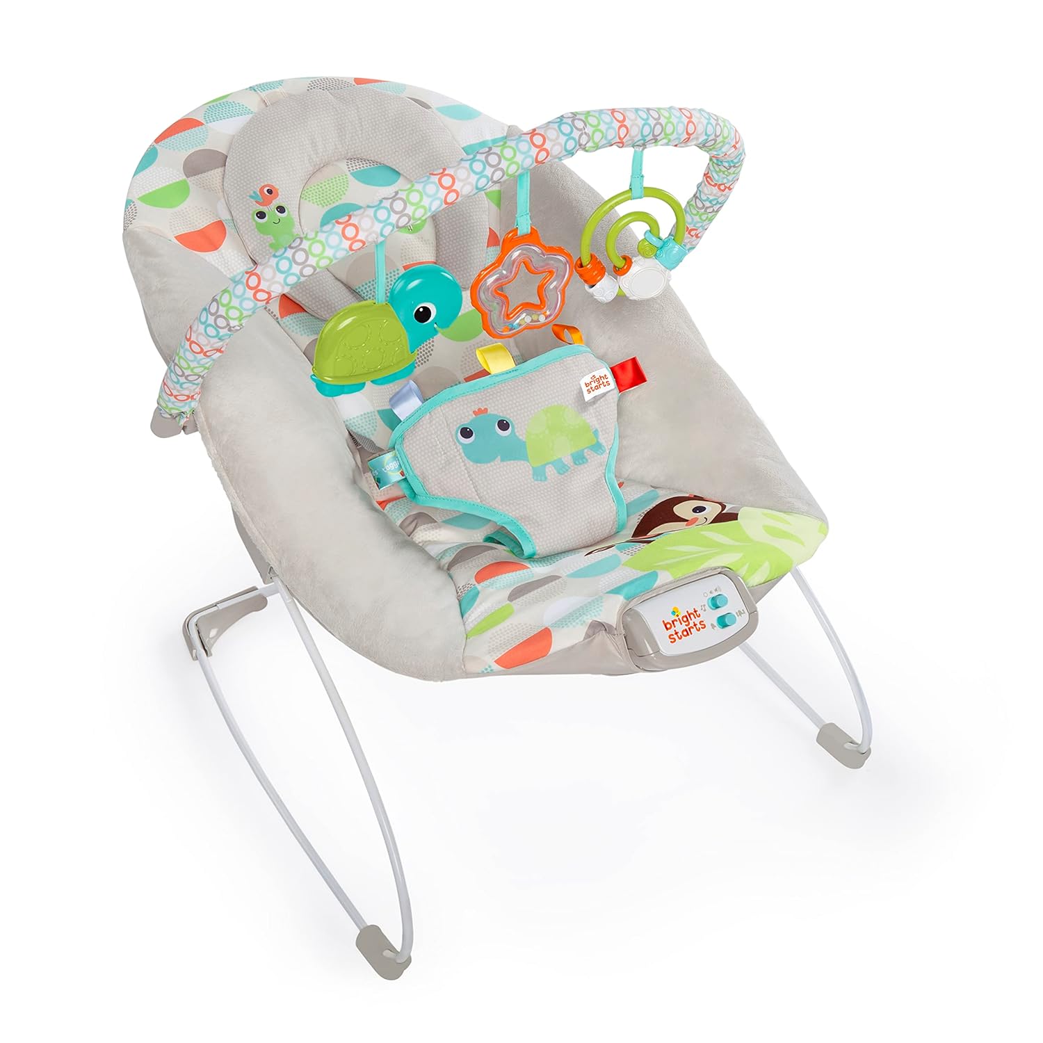 Bright Starts Baby Bouncer Soothing Vibrations Infant Seat with Taggies, Music & Toy Bar A498013