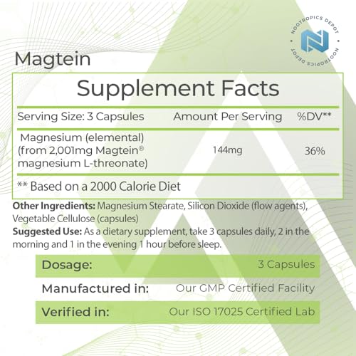 Nootropics Depot Magtein Magnesium L-Threonate Capsules, 90 Count I424