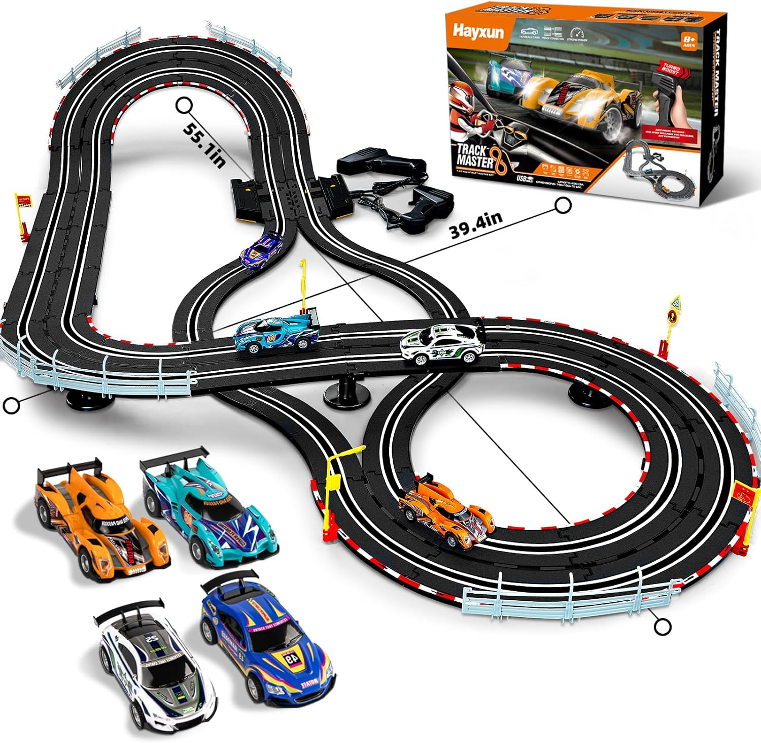 Electric Slot Car Race Track Set with 4 High-Speed Cars, 2 Controllers & Lap Counter E803