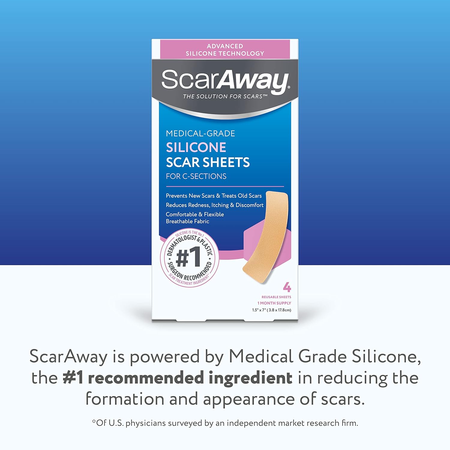 ScarAway Advanced Silicone Scar Sheets for C-Section, Reusable, 4 Sheets W53497