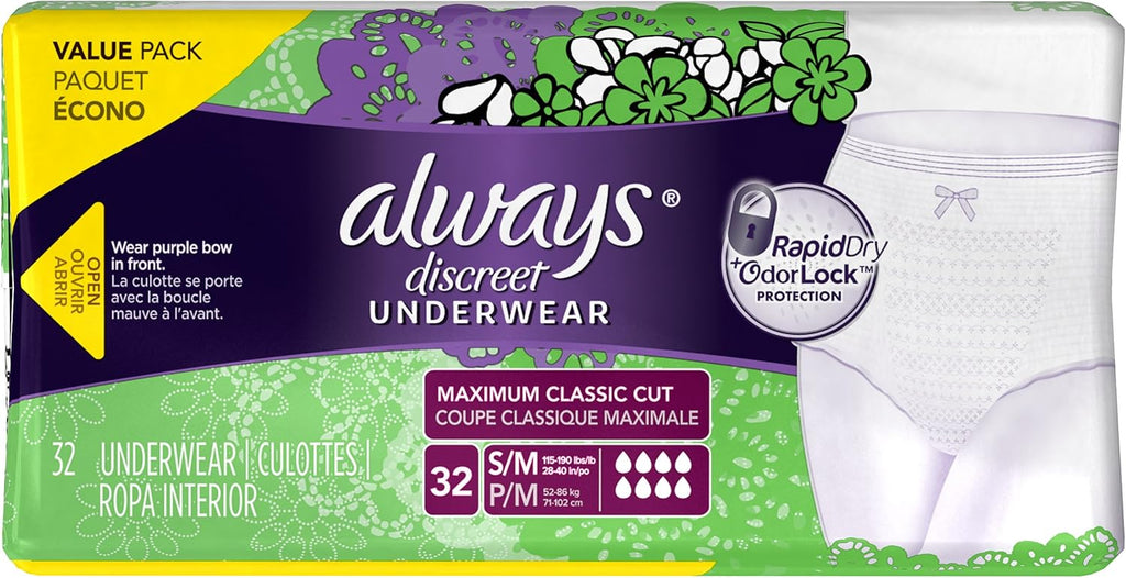 Always Discreet Incontinence Underwear, Maximum Absorbency, Small/Medium, 32 Count V69066