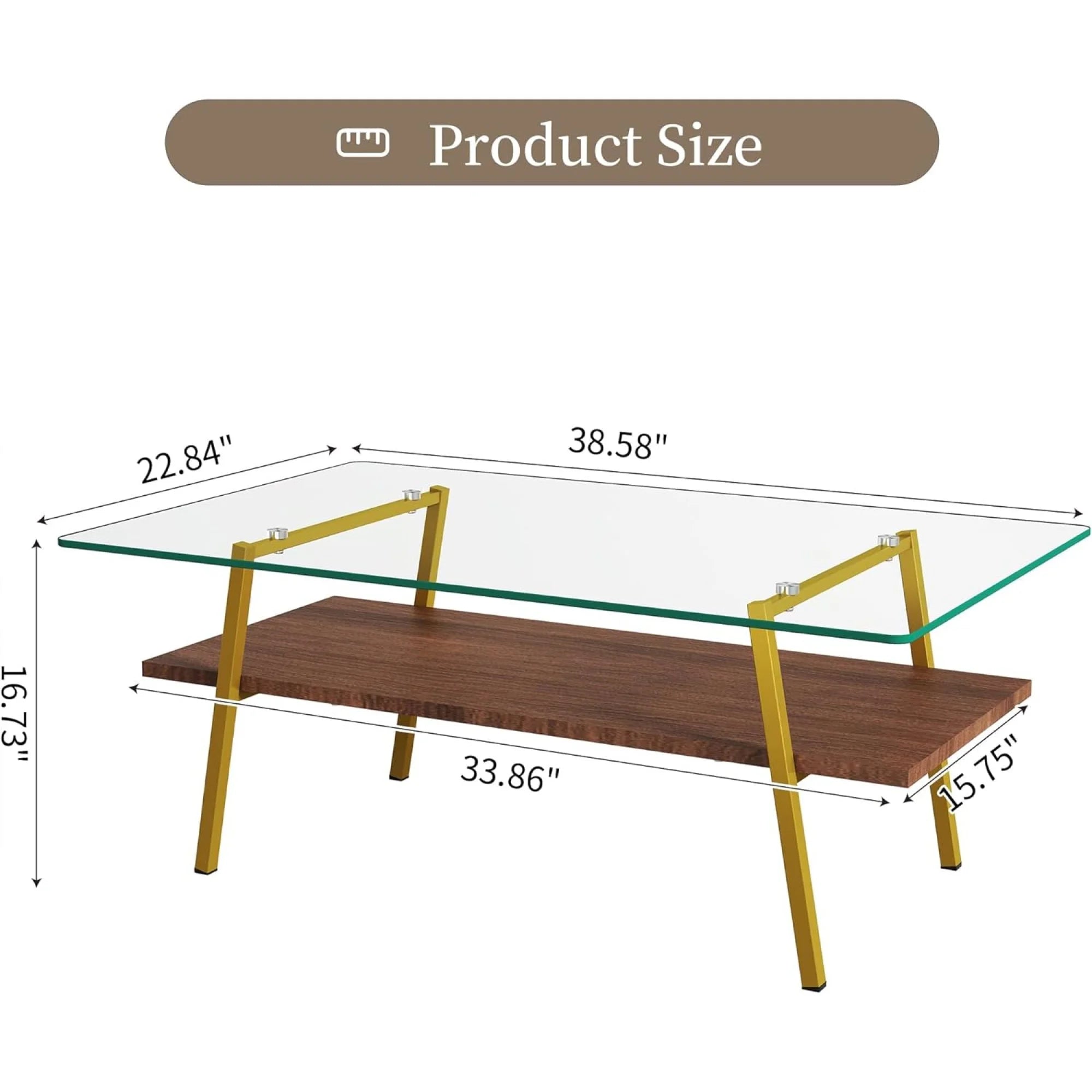 BJSN Glass Coffee Table for Living Room with Wood Shelves, Black Frame I645