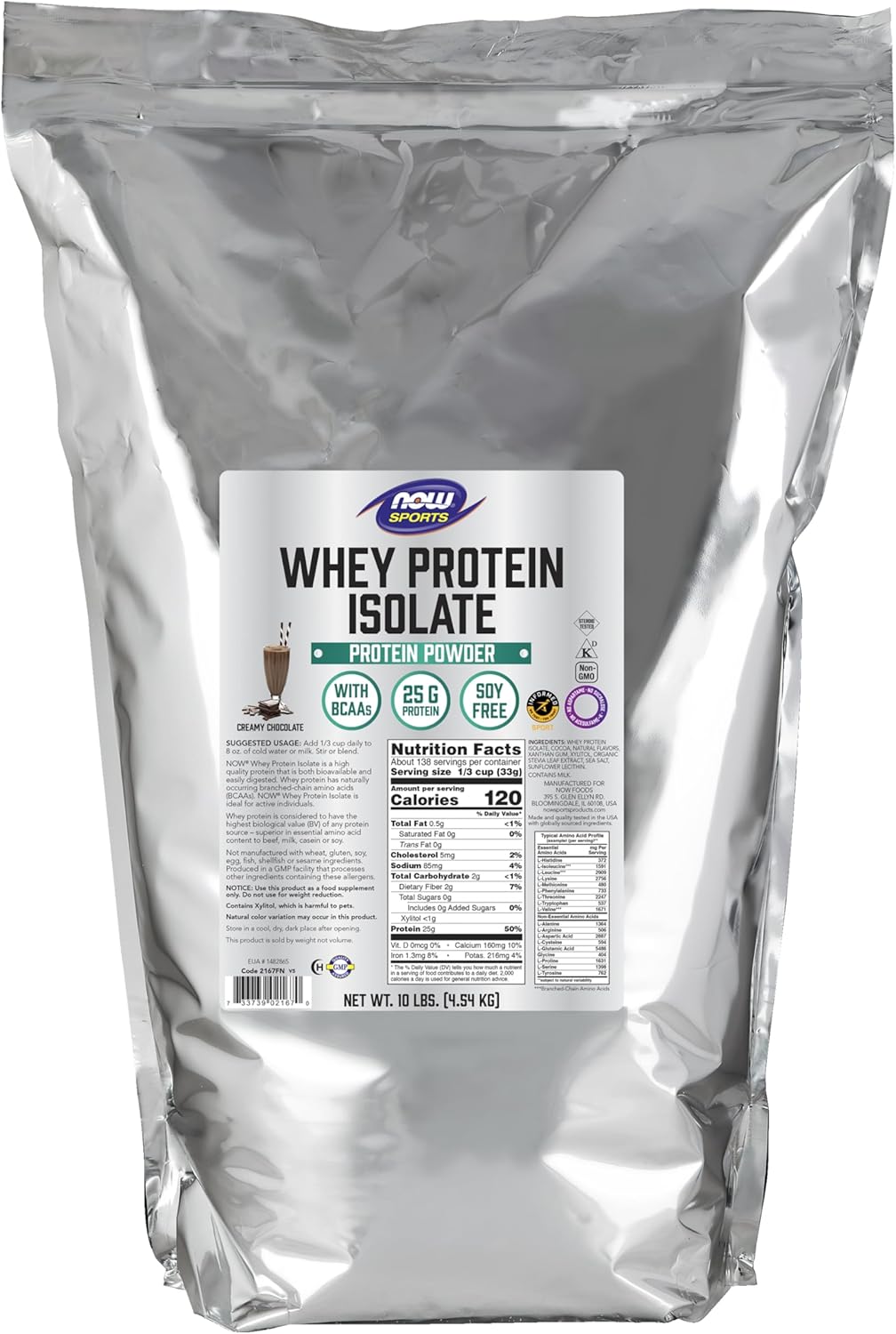 NOW Sports Nutrition, Whey Protein Isolate, 25 g With BCAAs, Creamy Chocolate Powder, 10-Pound