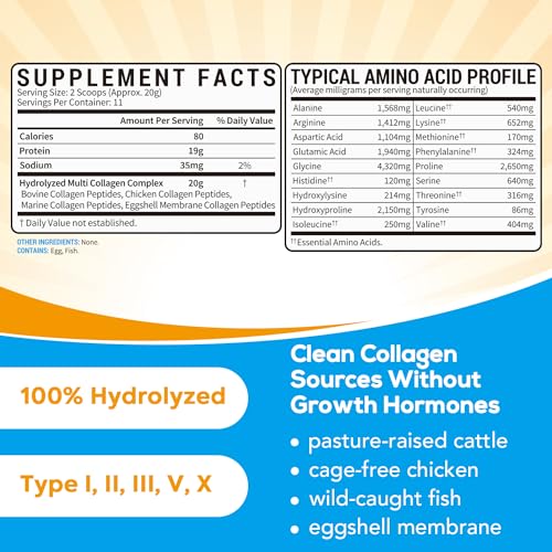 Hydrolyzed Multi Collagen Powder Types I II III V X, Unflavored, 16oz J317371