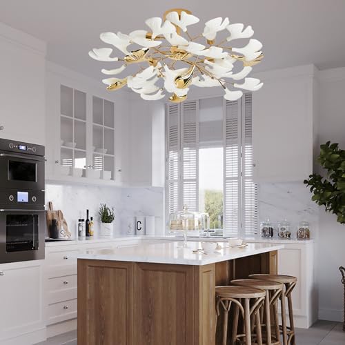 Gold Ceramic Ginkgo Leaf Chandelier, 24" Semi Flush Mount Ceiling Light F689