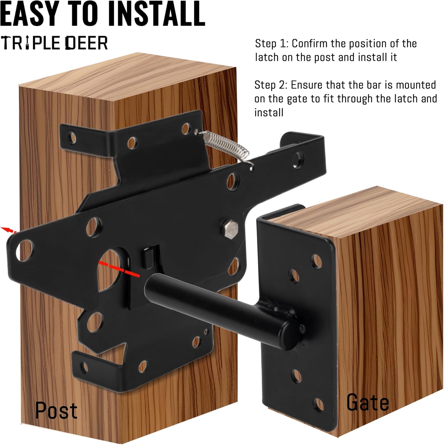 Self-Locking Gate Latch, Heavy Duty Post Mount for Wooden Fence, Black X6262