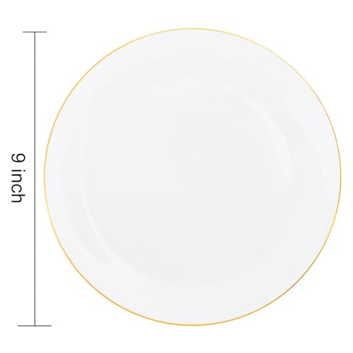 50 Gold Rim Plastic Plates 9 Inch - Disposable Dinner Plates for Party W3436