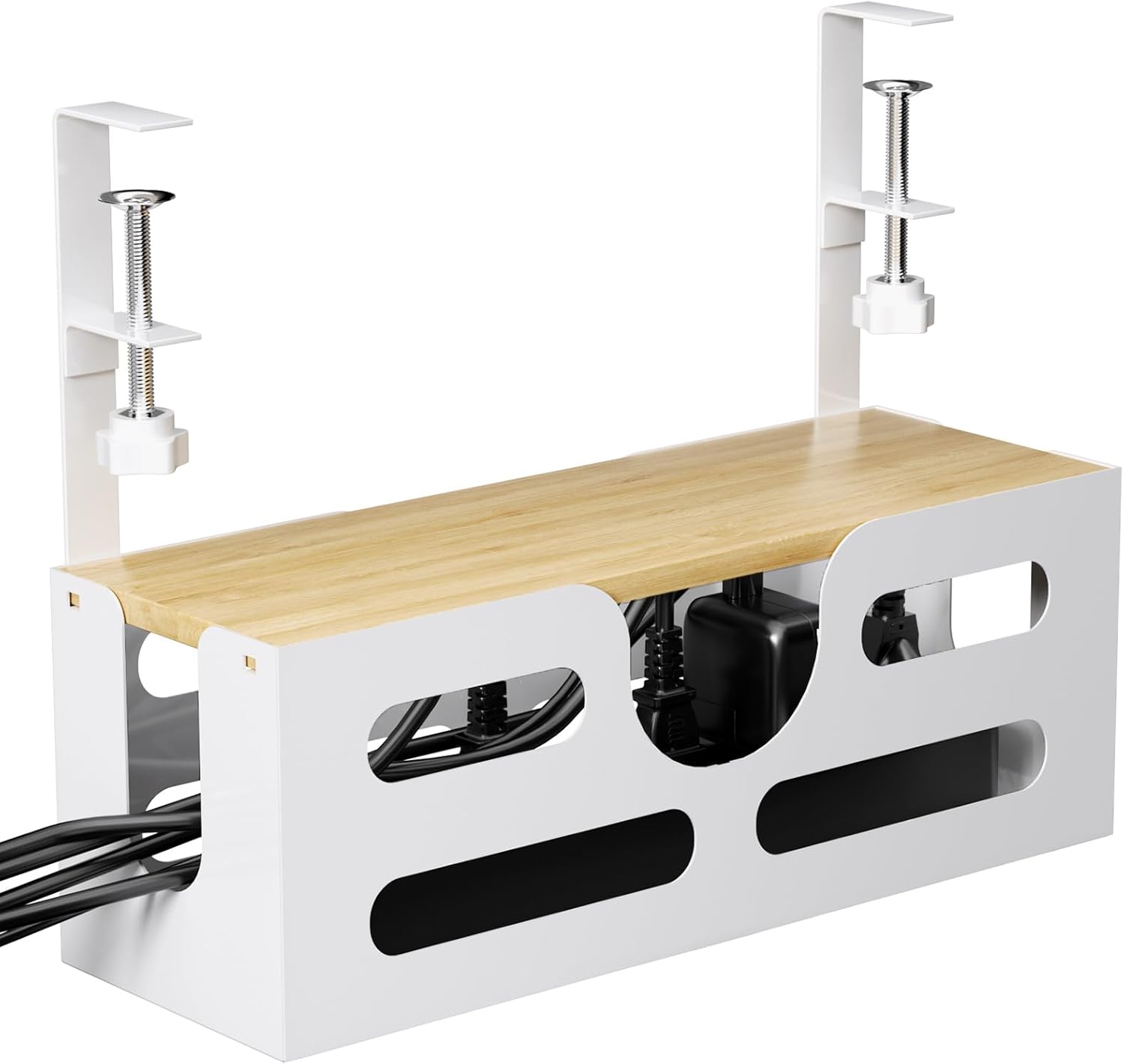 Under Desk Cable Management Box with Lid, Large Cable Management Under Desk White, Desk Cable Management Tray with Adjustable Clamps for Home and Office