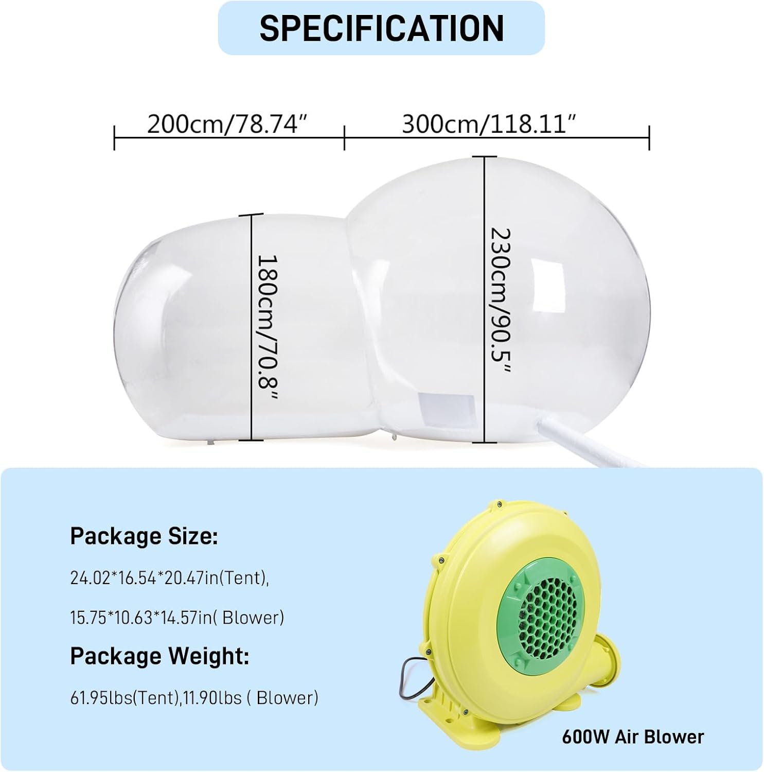 10FT Inflatable Bubble Tent with Air Pump, 3M PVC Two Room Camping Dome W737
