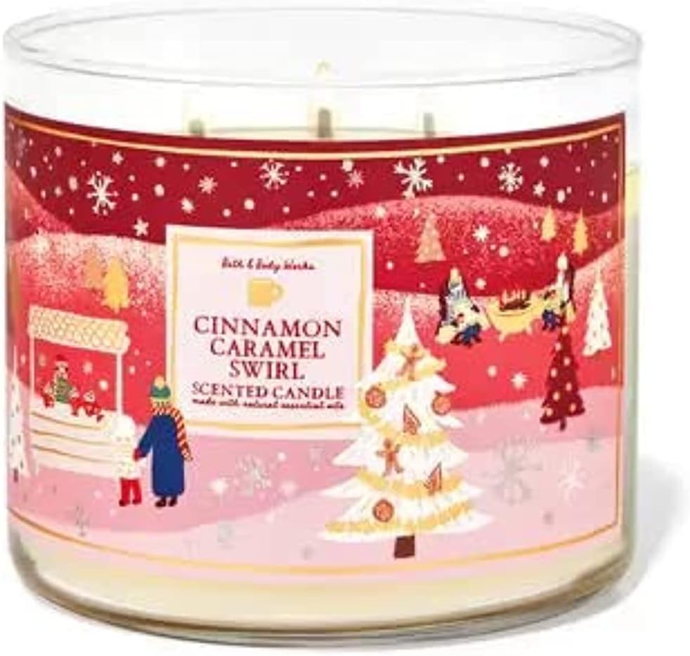 Bath & Body Works, White Barn 3-Wick Candle w/Essential Oils - 14.5 oz - Christmas & Winter Scents! (Cinnamon Caramel Swirl) Packaging Design Varies