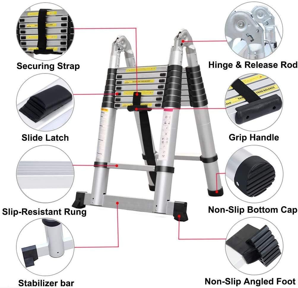 16.5FT Aluminum Telescopic Extension Ladder, 16 Steps, Slip-Proof Feet J4592