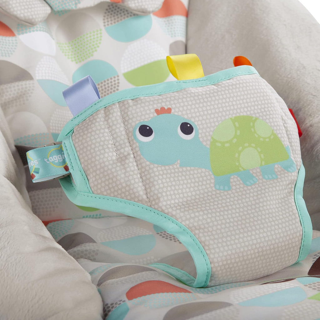 Bright Starts Baby Bouncer Soothing Vibrations Infant Seat with Taggies, Music & Toy Bar A498013