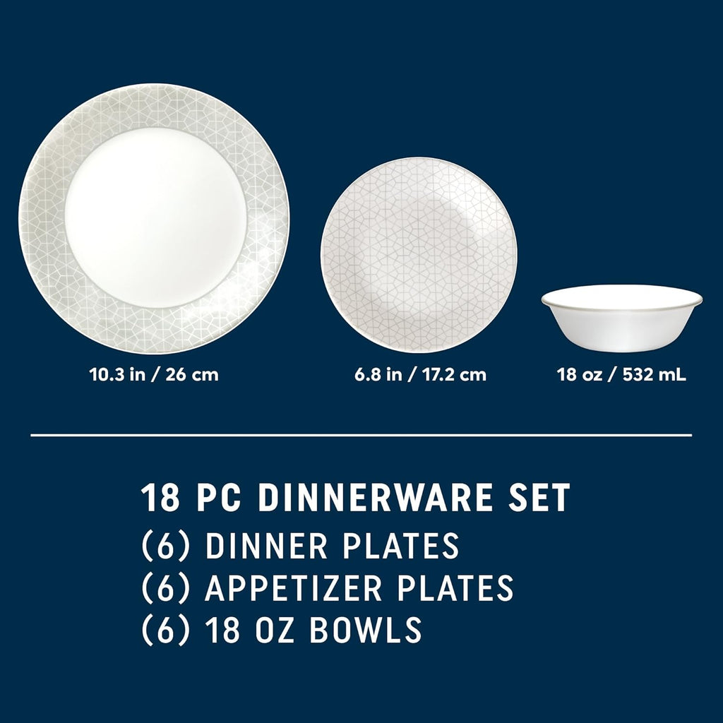 Corelle Vitrelle 18 Piece Glass Dinnerware Set, Service for 6, Chip Resistant T470