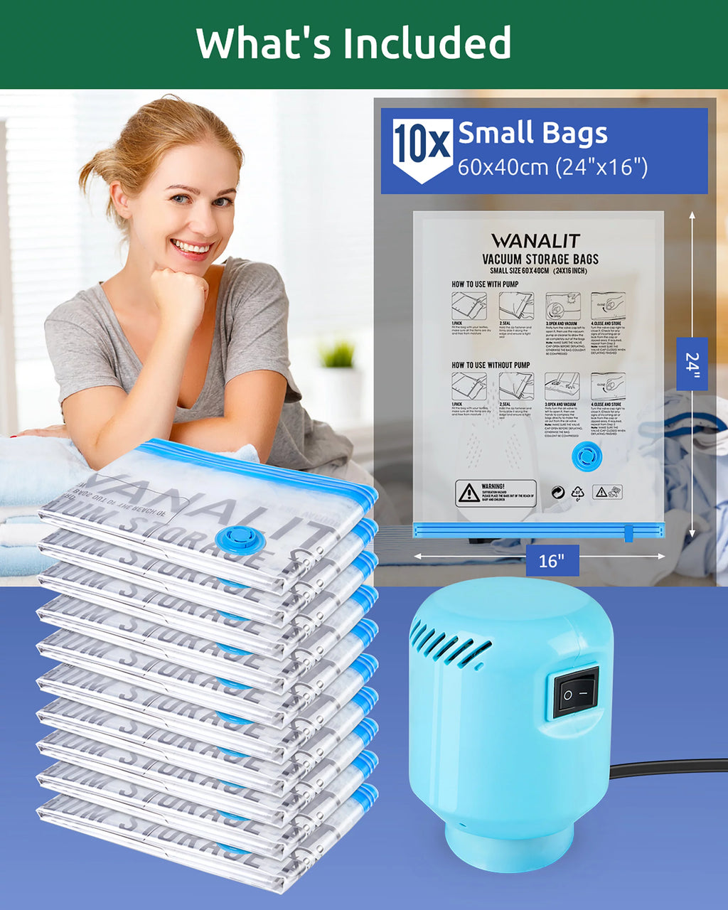 WANALIT 10 Pack Vacuum Storage Bags Small with Electric Air Pump E542