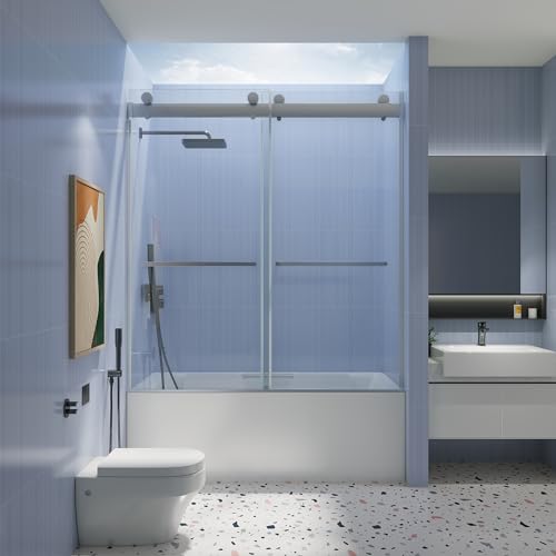 56-60in.W x 65in.H, Frameless Sliding Tub Door, with Clear Tampered Glass, Double Smooth Gliding Open and Close, Soft Closing, Reversible Installation, Brushed Nickel